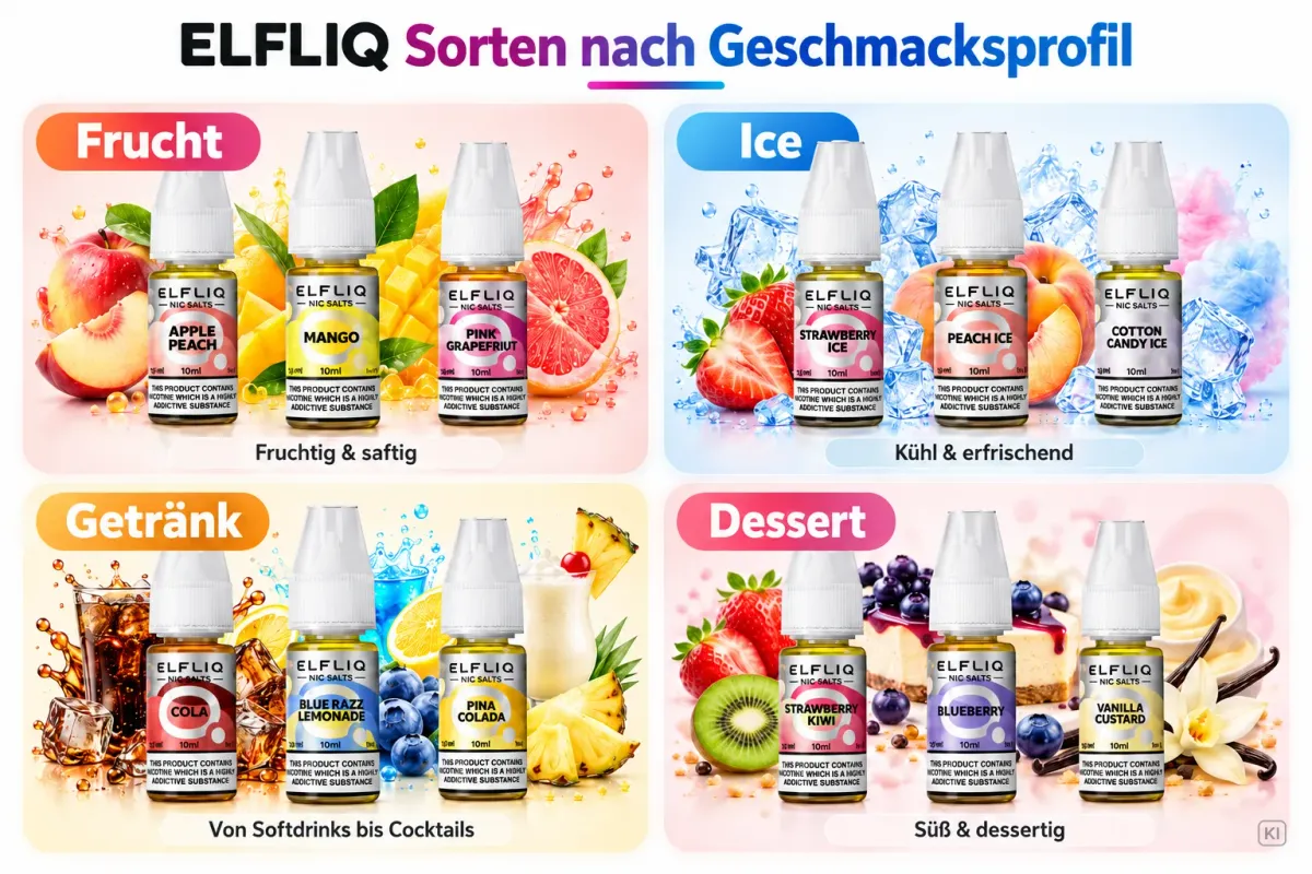 ELFLIQ Sorten nach Geschmacksprofil: Frucht, Ice, Getränk, Dessert