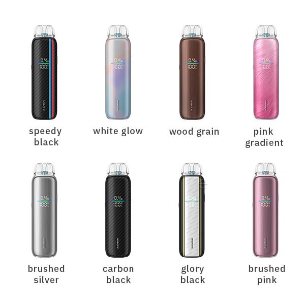 Aspire Pixo Max Farbübersicht: Speedy Black, White Glow, Wood Grain, Pink Gradient, Brushed Silver, Carbon Black, Glory Black, Brushed Pink