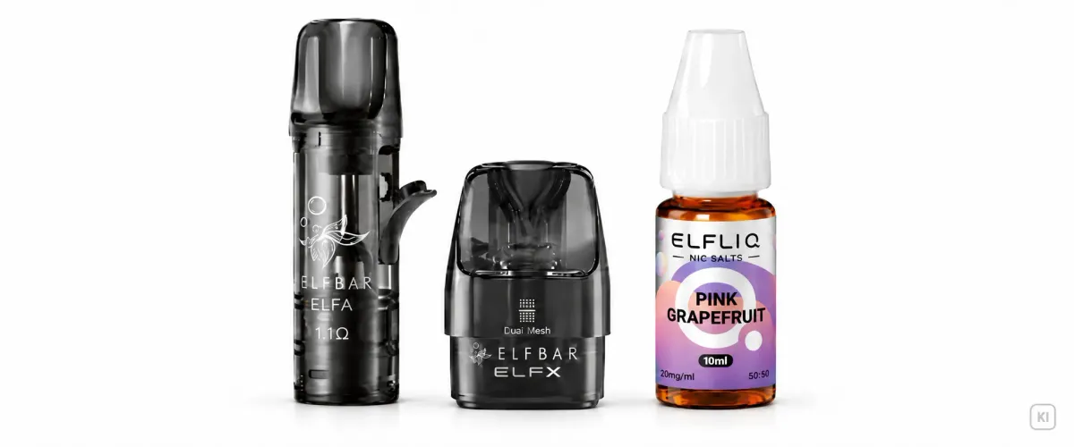 ELFA Leerpod und ELFX Pod neben einer ELFLIQ Flasche
