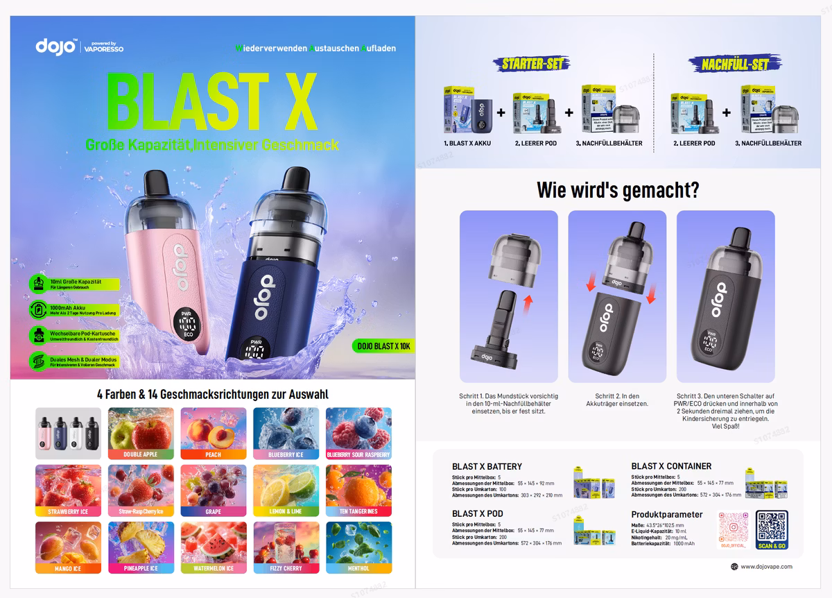 Vaporesso - Dojo Blast X - A4 Flyer - 4/4 farbig Vaporesso - Dojo Blast X - A4 Flyer - 4/4 farbig