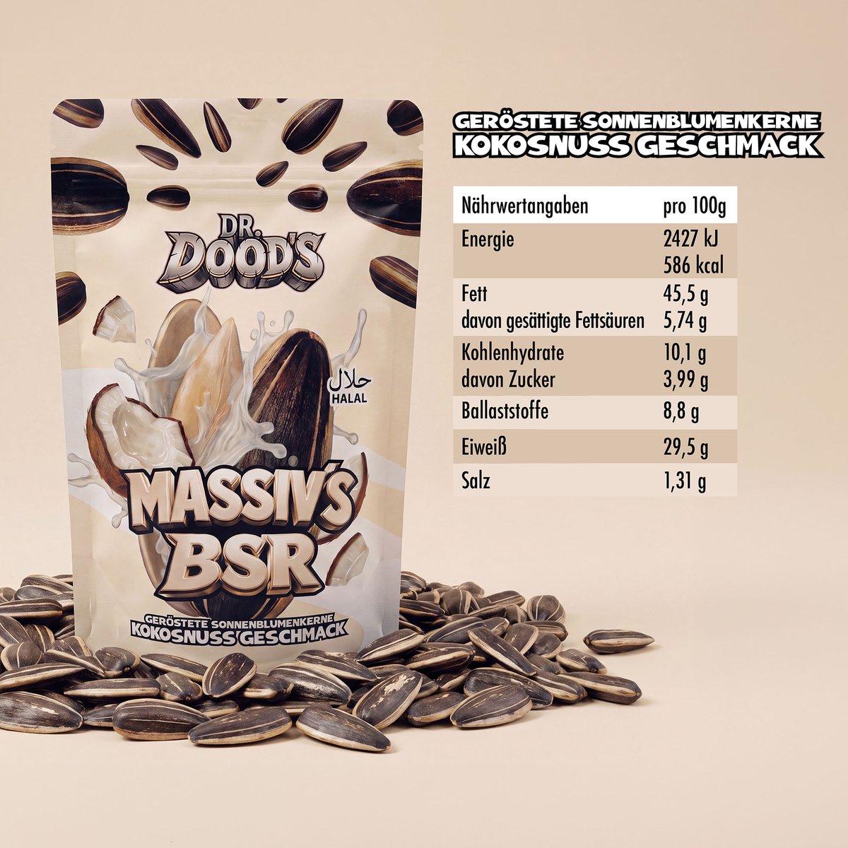 Dr. Doods Massiv`s BSR Sonnenblumenkerne Kokosnuss 100g Dr. Doods Massiv`s BSR Sonnenblumenkerne Kokosnuss 100g