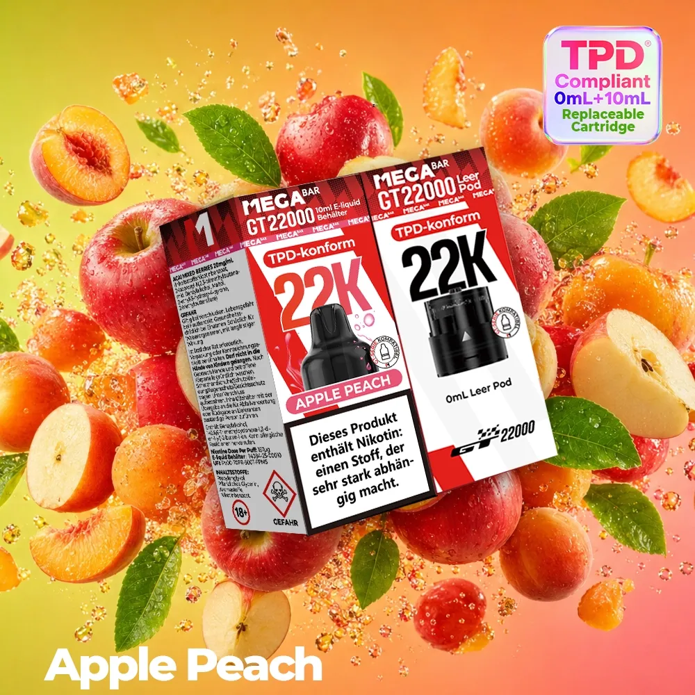 MegaBar GT22000 Leer Pod & 10ml E-Liquid BehÀlter Apple Peach 20mg MegaBar GT22000 Leer Pod & 10ml E-Liquid BehÀlter Apple Peach 20mg