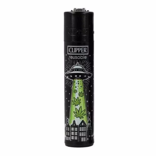 clipper-feuerzeug-ufos-gruen-wiederverwendbar Clipper - Feuerzeug - Ufos 1v4 Ufo und Weedblätter - wiederverwendbar