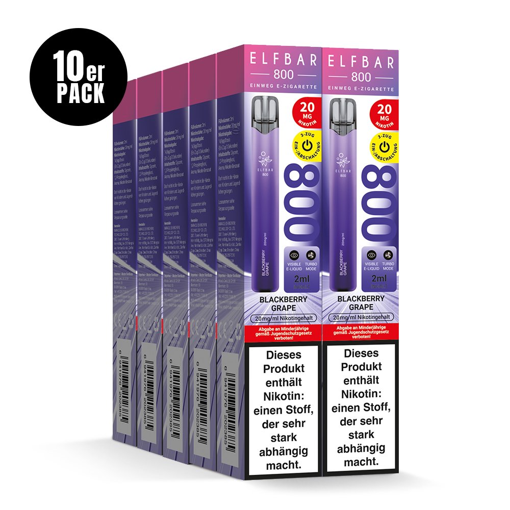 Elfbar - 800 - Einweg E-Zigarette - (VE= 10 StĂŒck) Displaykarton - Blackberry Grape | Nikotinsalz-StĂ€rke : 20mg Elfbar - 800 - Einweg E-Zigarette - (VE= 10 StĂŒck) Displaykarton - Blackberry Grape | Nikotinsalz-StĂ€rke : 20mg