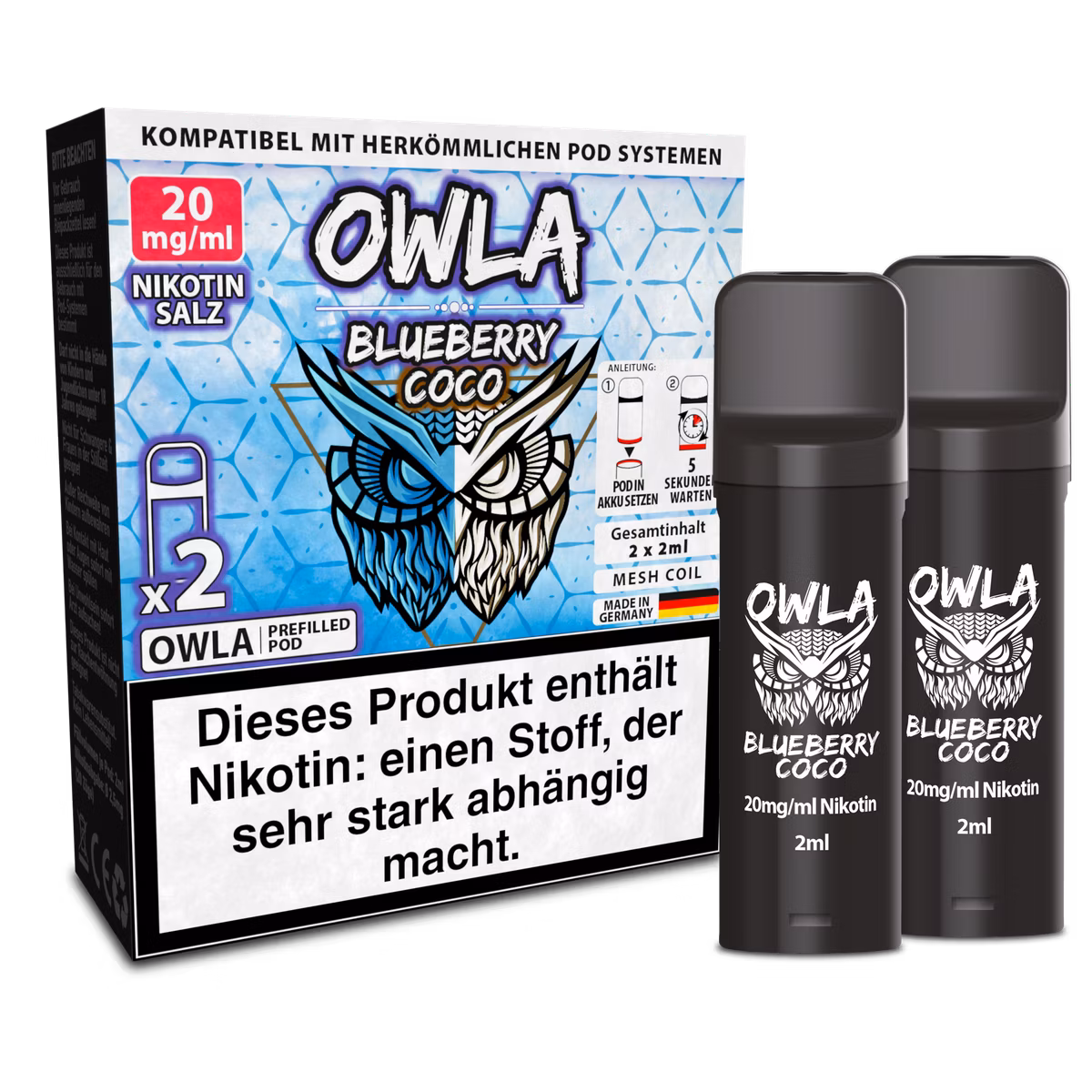 OWLA - Prefilled Pods - Blueberry Coco | Nikotinsalz-Stärke : 20mg | Paketgröße : 1er Packung OWLA - Prefilled Pods - Blueberry Coco | Nikotinsalz-Stärke : 20mg | Paketgröße : 1er Packung