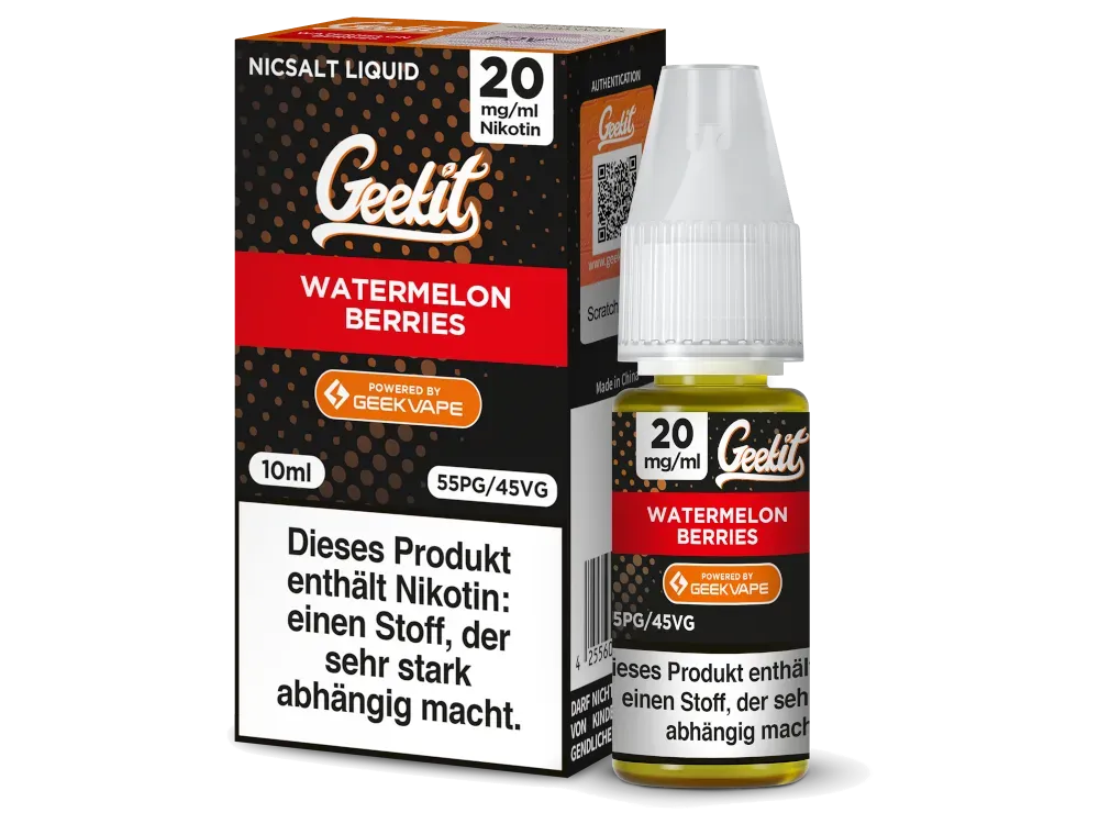 GeekVape - Geekit - Nikotinsalz Liquid - Watermelon Berries | Inhalt : 10ml | Nikotinsalz-Stärke : 20mg | Paketgröße : 1er Packung GeekVape - Geekit - Nikotinsalz Liquid - Watermelon Berries | Inhalt : 10ml | Nikotinsalz-Stärke : 20mg | Paketgröße : 1er Packung