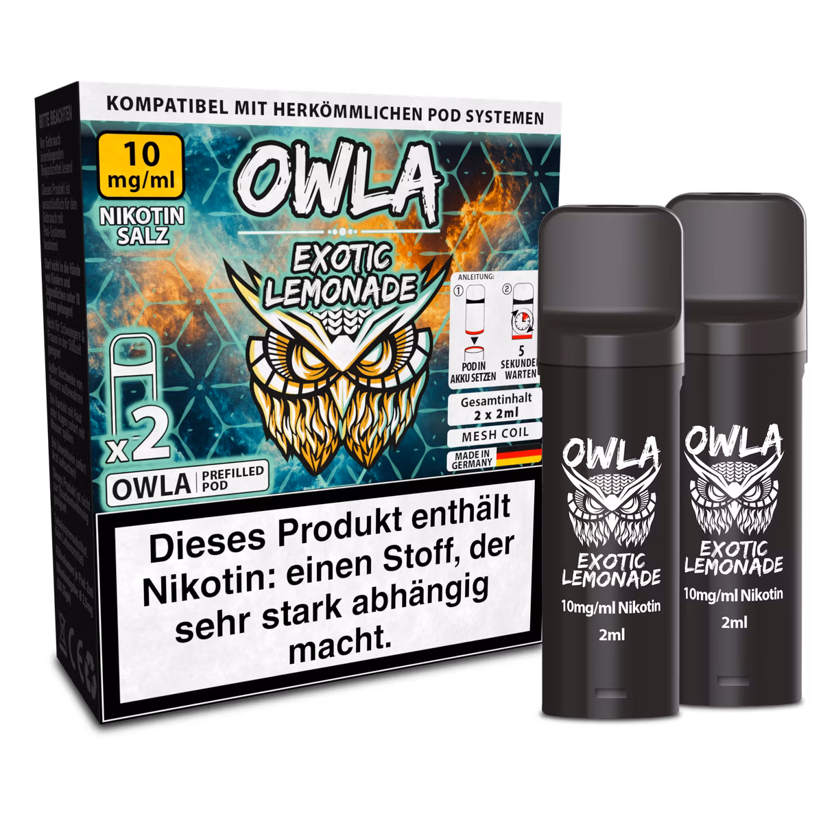 OWLA - Prefilled Pods - Exotic Lemonade | Nikotinsalz-Stärke : 10mg | Paketgröße : 1er Packung OWLA - Prefilled Pods - Exotic Lemonade | Nikotinsalz-Stärke : 10mg | Paketgröße : 1er Packung