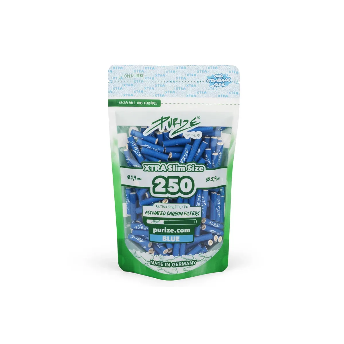 PURIZE - Aktivkohlefilter - XTRA Slime Size - Blau - ø 6mm - 250 Stück
