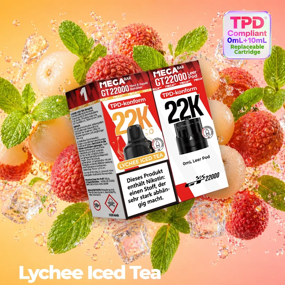 MegaBar GT22000 Leer Pod & 10ml E-Liquid Behälter Lychee Iced Tea 20mg