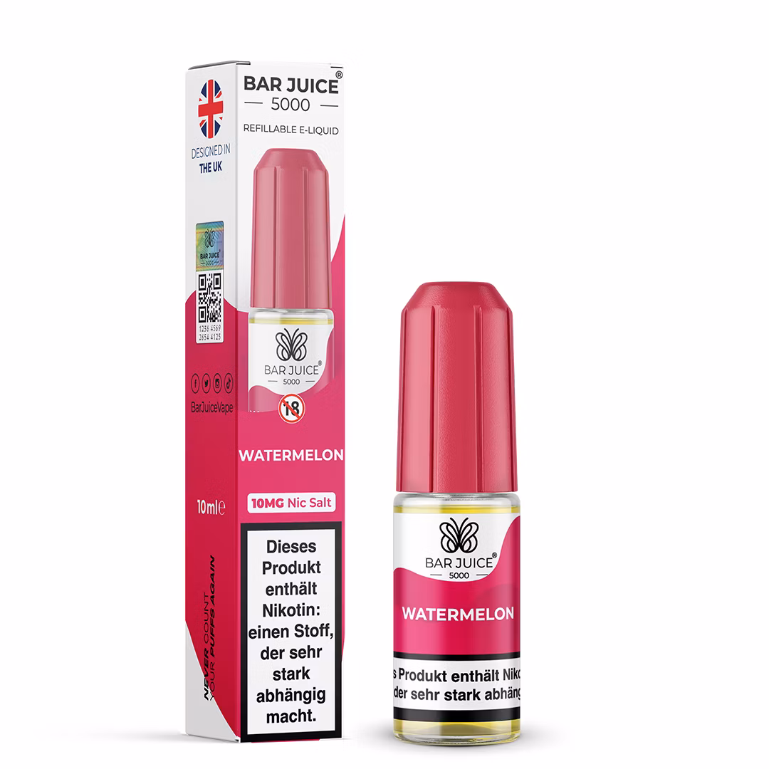 Bar Juice - 5000 - Watermelon | Inhalt : 10ml | Nikotinsalz-Stärke : 10mg | Paketgröße : 1er Packung Bar Juice - 5000 - Watermelon | Inhalt : 10ml | Nikotinsalz-Stärke : 10mg | Paketgröße : 1er Packung