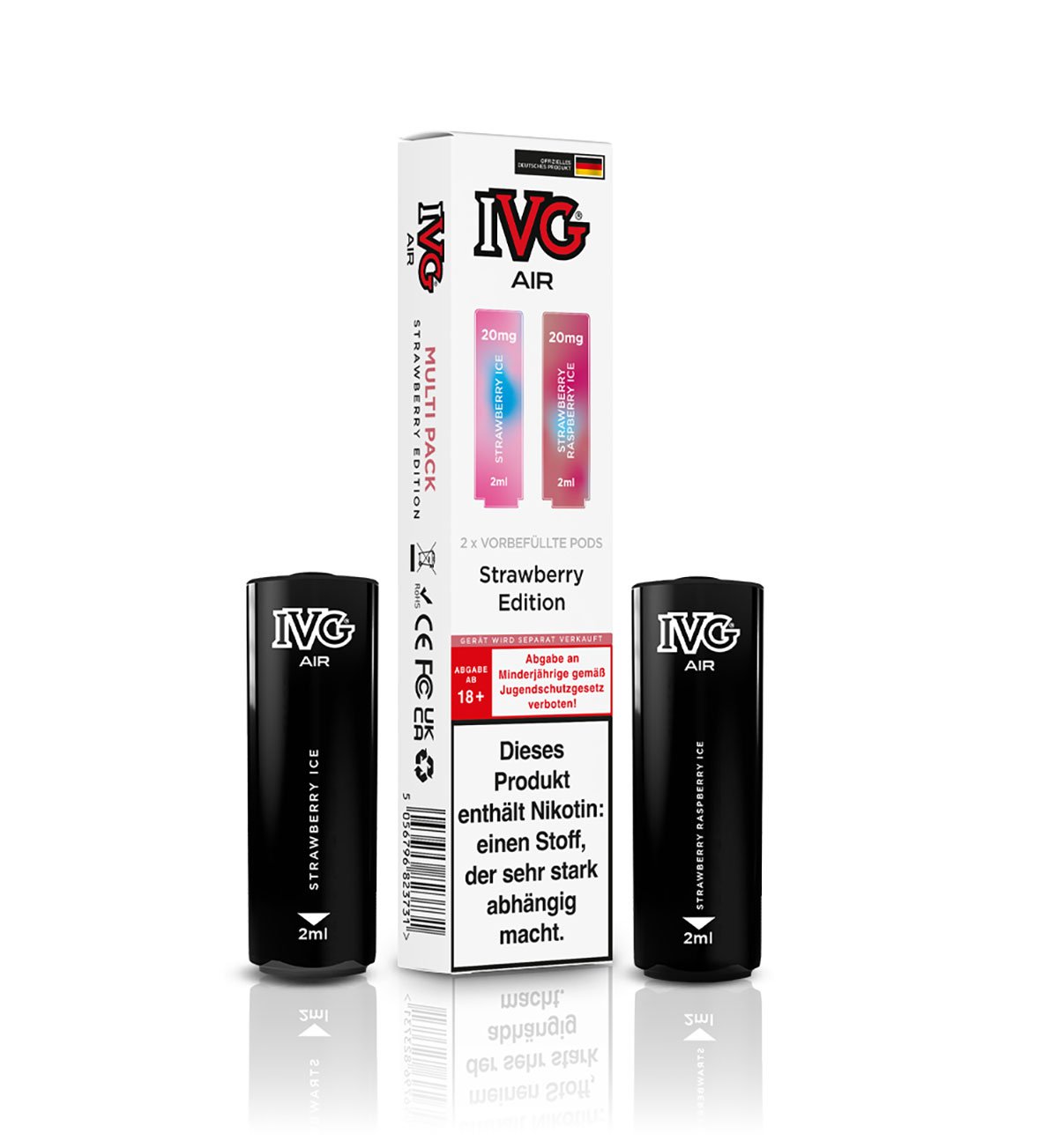 IVG - AIR - Prefilled Pod - Multi Flavour Edition - 2ml - Strawberry Edition (Strawberry Ice & Strawberry Raspberry Ice) | Nikotinsalz-Stärke : 20mg | Paketgröße : 1er Packung IVG - AIR - Prefilled Pod - Multi Flavour Edition - 2ml - Strawberry Edition (Strawberry Ice & Strawberry Raspberry Ice) | Nikotinsalz-Stärke : 20mg | Paketgröße : 1er Packung