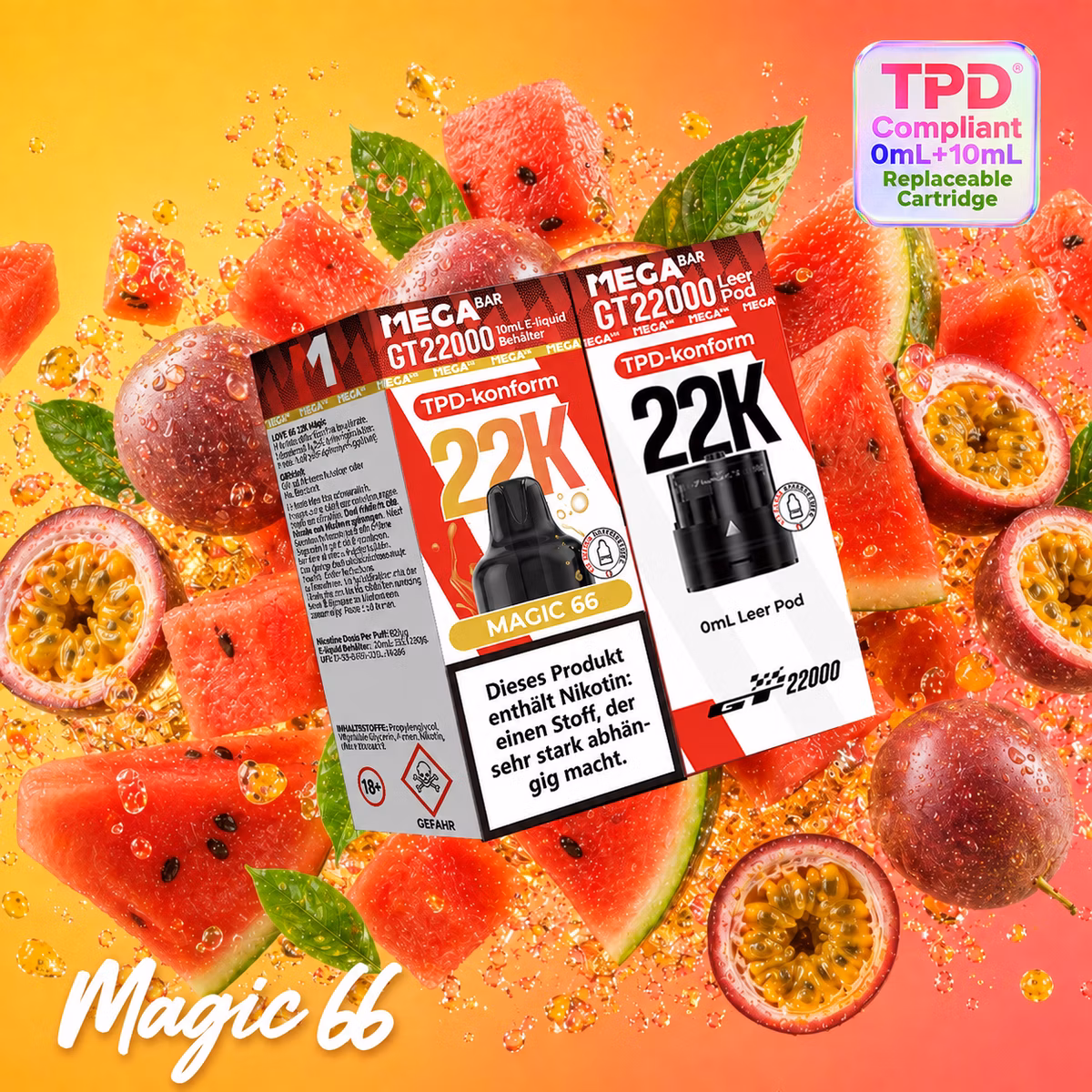 MegaBar GT22000 Leer Pod & 10ml E-Liquid Behälter Magic 66 20mg