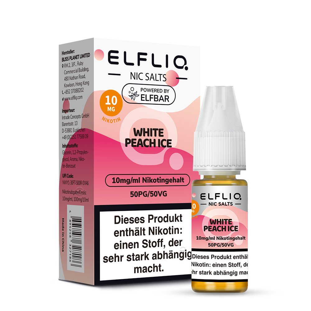 Elfbar - ElfLiq - 10ml - White Peach Ice | Nikotinsalz-Stärke : 10mg Elfbar - ElfLiq - 10ml - White Peach Ice | Nikotinsalz-Stärke : 10mg