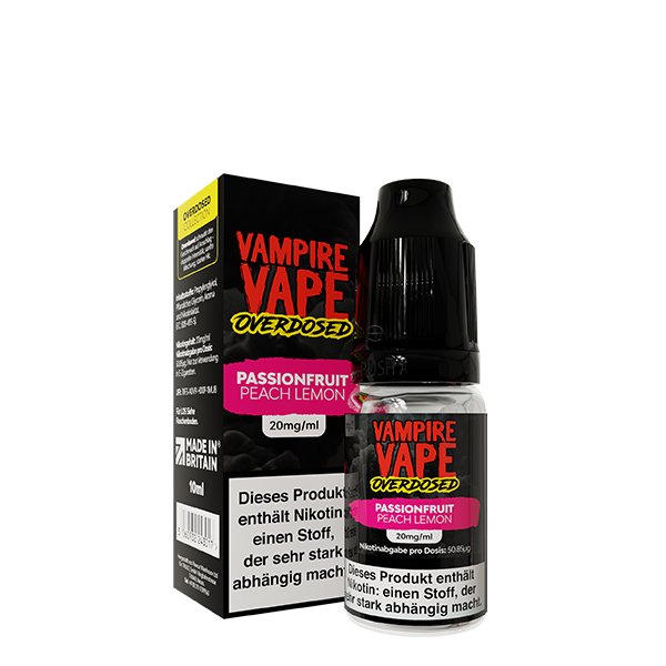 Vampire Vape - Overdosed - Nikotinsalz-Liquid - 10ml - Passionfruit Peach Lemon | Nikotinsalz-Stärke : 10mg Vampire Vape - Overdosed - Nikotinsalz-Liquid - 10ml - Passionfruit Peach Lemon | Nikotinsalz-Stärke : 10mg