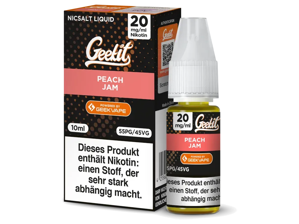 GeekVape - Geekit - Nikotinsalz Liquid - Peach Jam | Inhalt : 10ml | Nikotinsalz-Stärke : 20mg | Paketgröße : 1er Packung GeekVape - Geekit - Nikotinsalz Liquid - Peach Jam | Inhalt : 10ml | Nikotinsalz-Stärke : 20mg | Paketgröße : 1er Packung