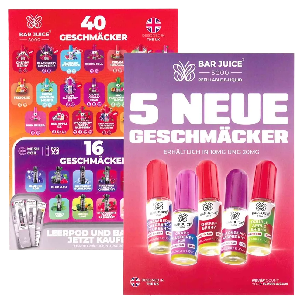 Bar Juice - A6 Flyer - 4/4-farbig - 5 neue Geschmäcker