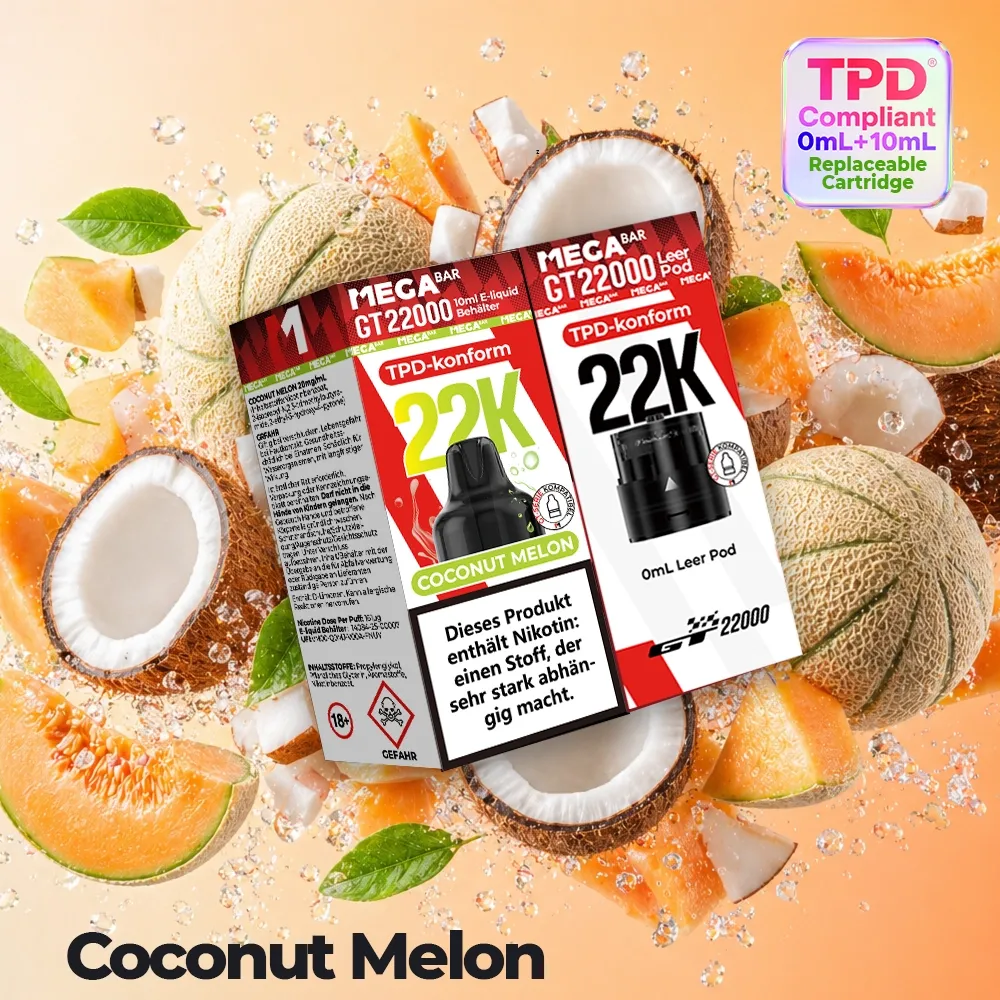 MegaBar GT22000 Leer Pod & 10ml E-Liquid BehÀlter Coconut Melon 20mg MegaBar GT22000 Leer Pod & 10ml E-Liquid BehÀlter Coconut Melon 20mg