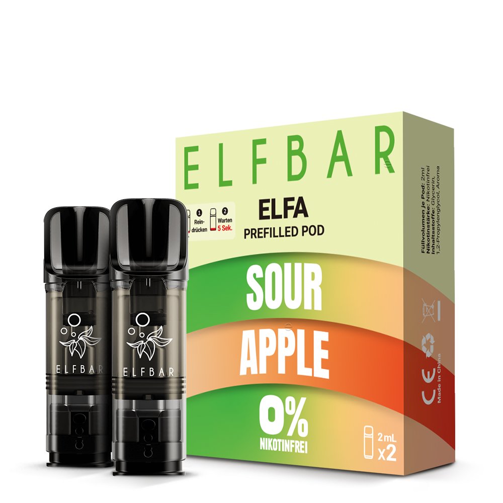 Elfbar - ELFA - Prefilled Pod - 2ml - 2er Pack - Nikotinfrei - Sour Apple Elfbar - ELFA - Prefilled Pod - 2ml - 2er Pack - Nikotinfrei - Sour Apple