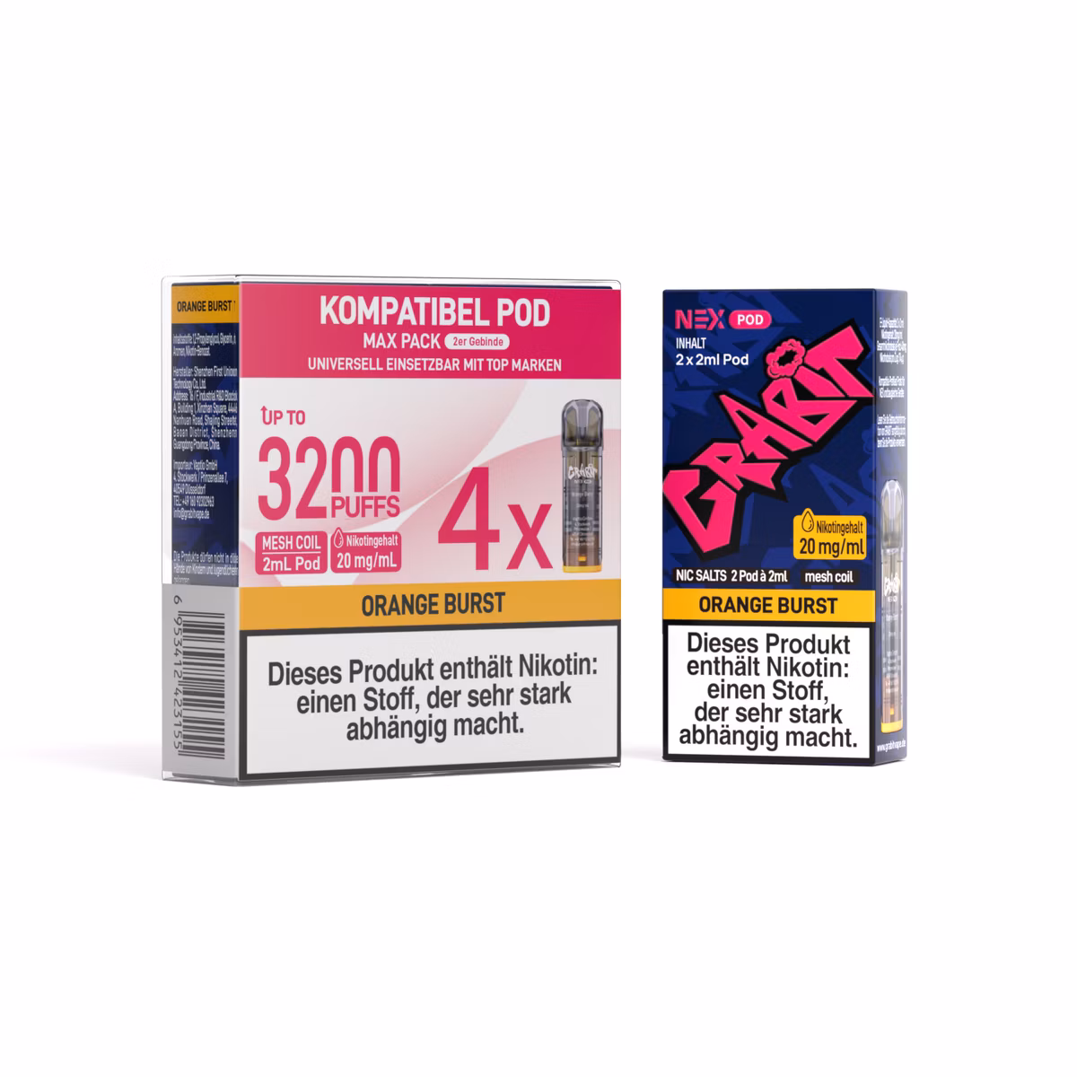 GRABIT - Nex - Prefilled Pod - 2ml - 4er Packung - Orange Burst | Nikotinsalz-Stärke : 20mg | Paketgröße : 1er Packung GRABIT - Nex - Prefilled Pod - 2ml - 4er Packung - Orange Burst | Nikotinsalz-Stärke : 20mg | Paketgröße : 1er Packung