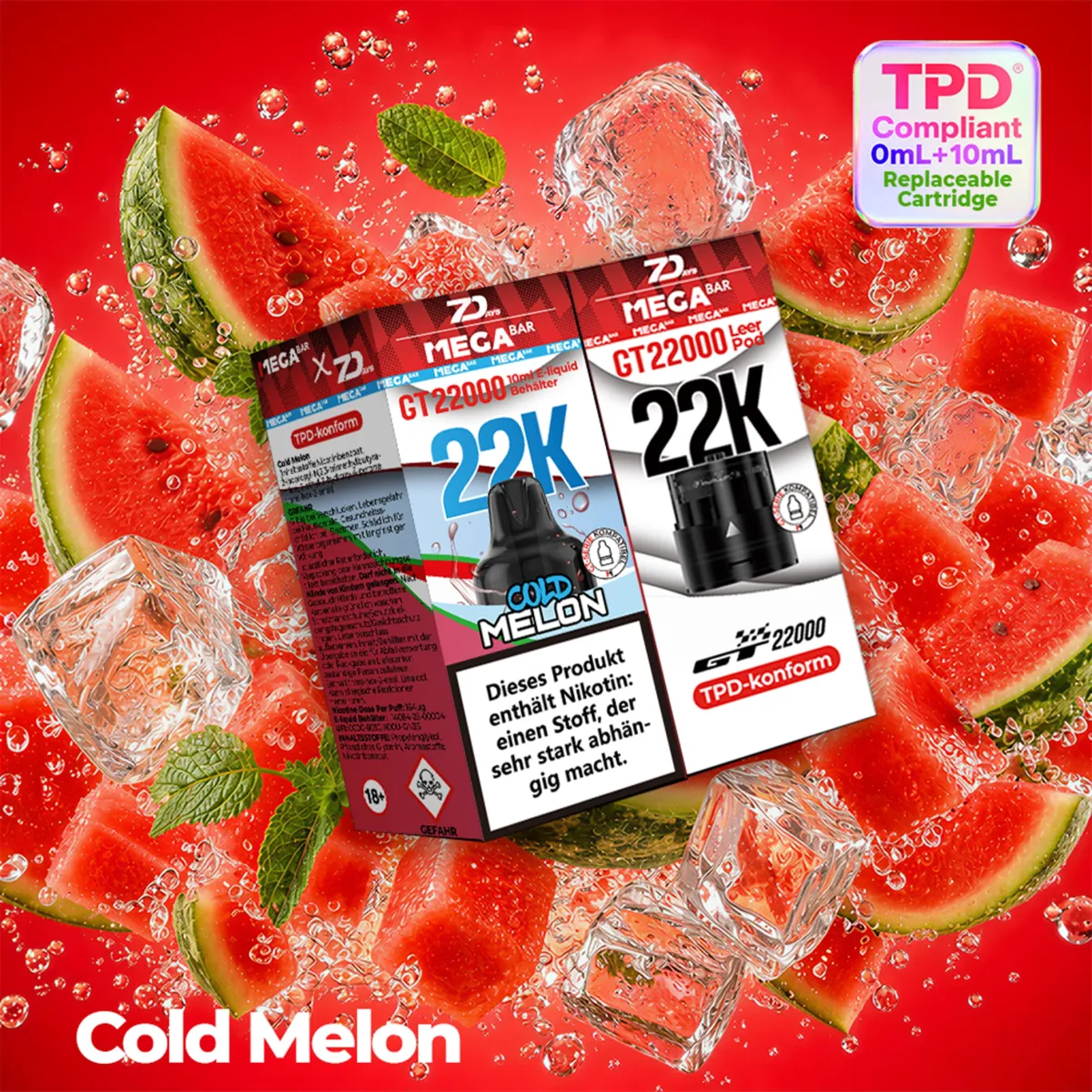MegaBar GT22000 Leer Pod & 10ml E-Liquid Behälter 7Days Cold Melon 20mg