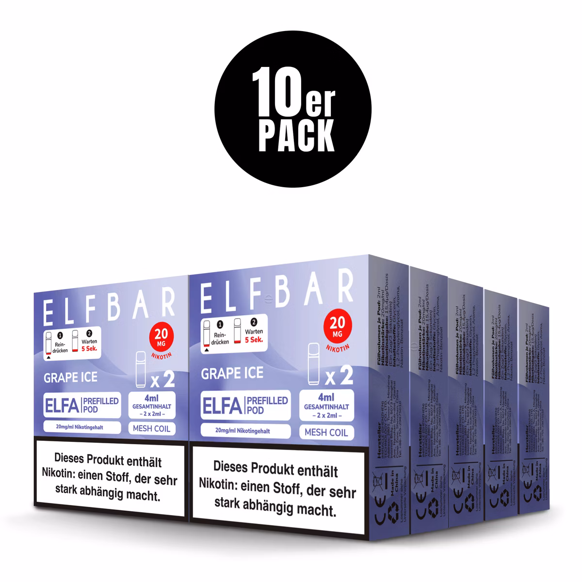 Elfbar - ELFA - Prefilled Pod - (VE= 10 Stück) Displaykarton - Grape Ice | Nikotinsalz-Stärke : 20mg