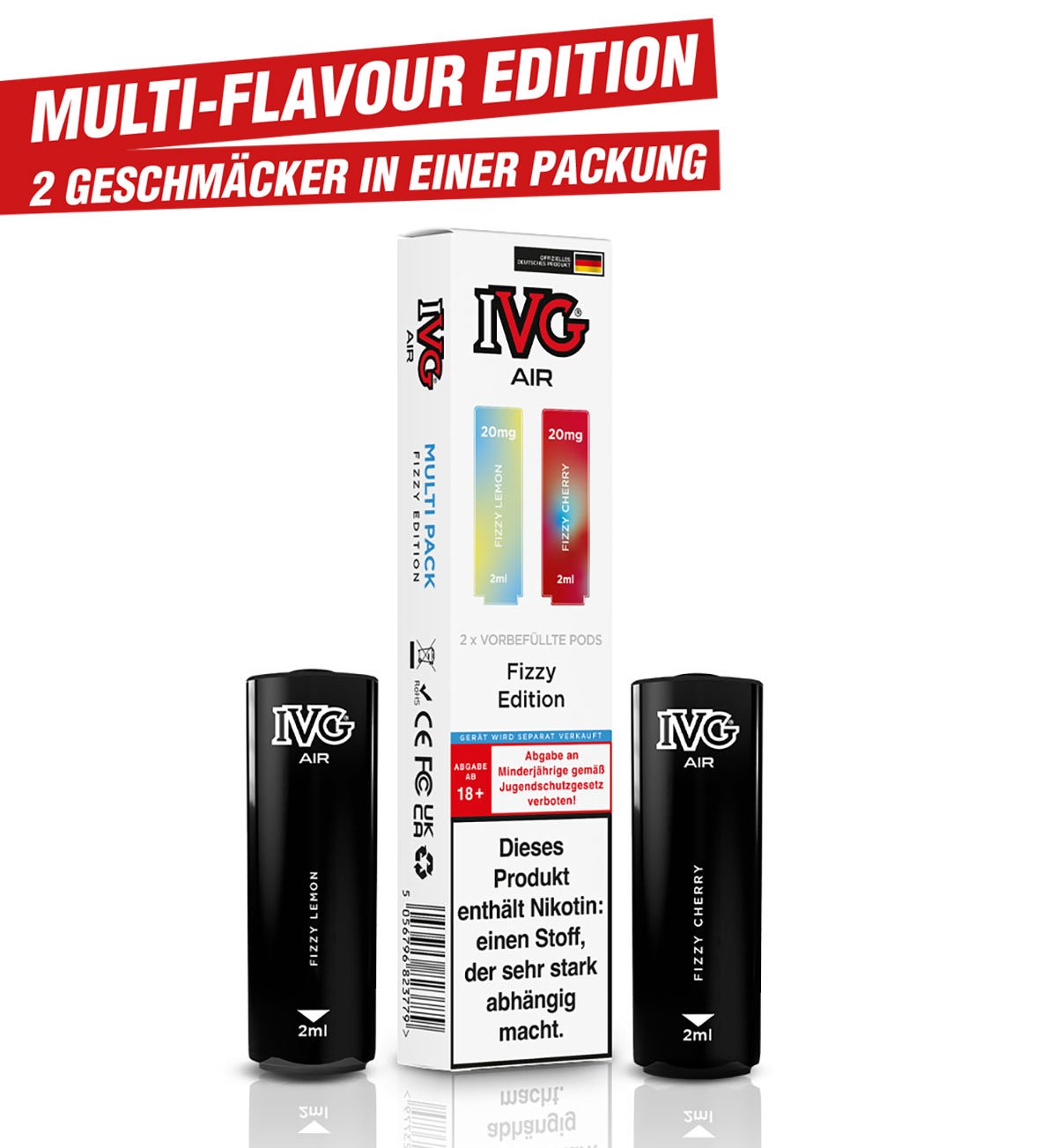 IVG - AIR - Prefilled Pod - Multi Flavour Edition - 2ml - Fizzy Edition (Fizzy Lemon & Fizzy Cherry) | Nikotinsalz-Stärke : 20mg | Paketgröße : 1er Packung IVG - AIR - Prefilled Pod - Multi Flavour Edition - 2ml - Fizzy Edition (Fizzy Lemon & Fizzy Cherry) | Nikotinsalz-Stärke : 20mg | Paketgröße : 1er Packung