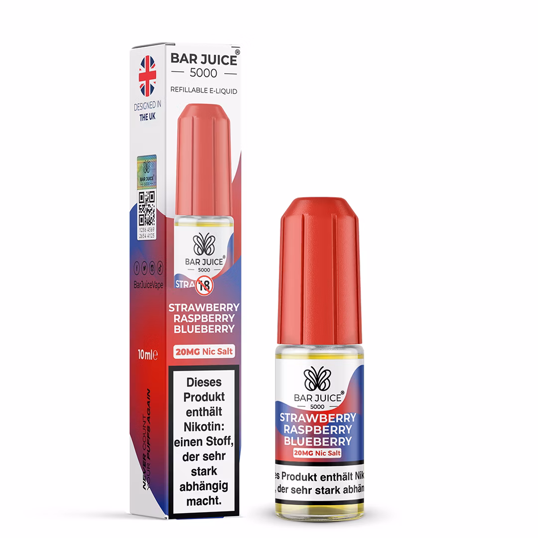 Bar Juice - 5000 - Strawberry Raspberry Blueberry | Inhalt : 10ml | Nikotinsalz-Stärke : 20mg | Paketgröße : 1er Packung Bar Juice - 5000 - Strawberry Raspberry Blueberry | Inhalt : 10ml | Nikotinsalz-Stärke : 20mg | Paketgröße : 1er Packung