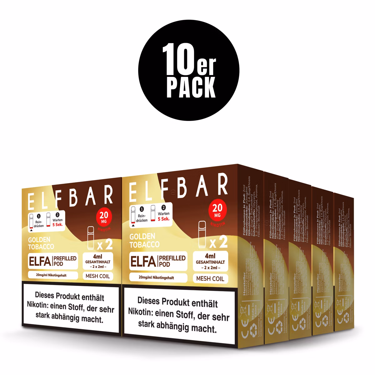 Elfbar - ELFA - Prefilled Pod - (VE= 10 Stück) Displaykarton - Golden Tobacco | Nikotinsalz-Stärke : 20mg