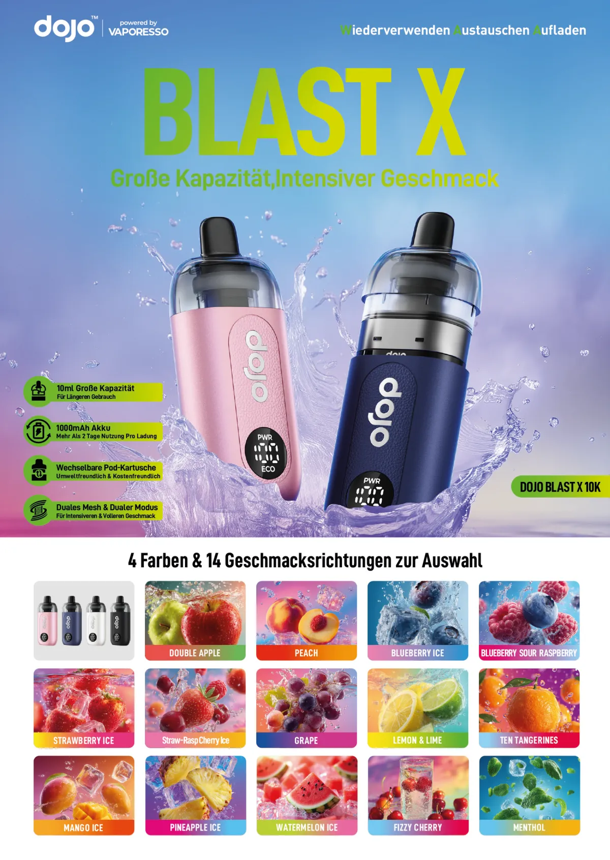 Vaporesso - Dojo Blast X - A6 Flyer - 4/4 farbig Vaporesso - Dojo Blast X - A6 Flyer - 4/4 farbig