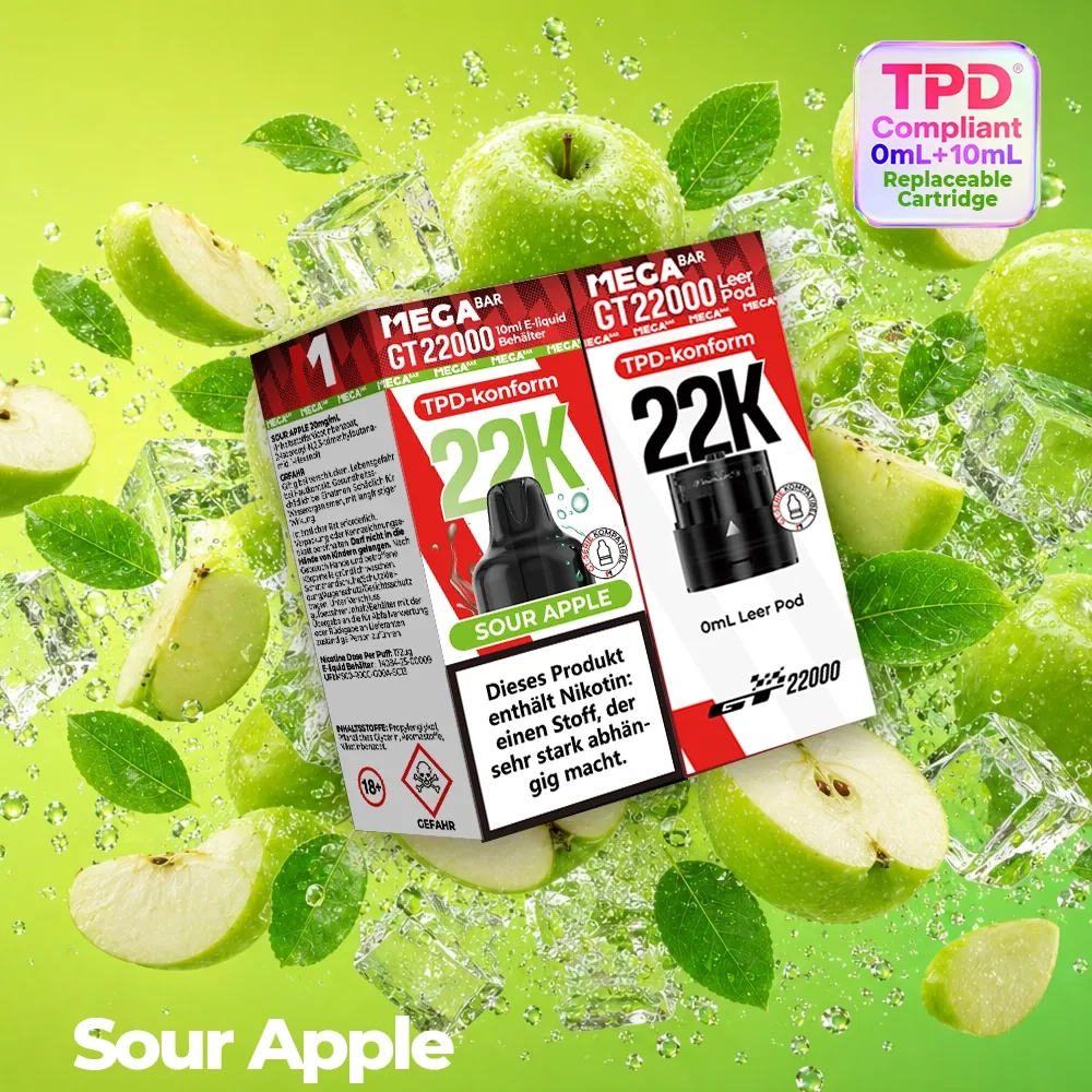 MegaBar GT22000 Leer Pod & 10ml E-Liquid Behälter Sour Apple 20mg