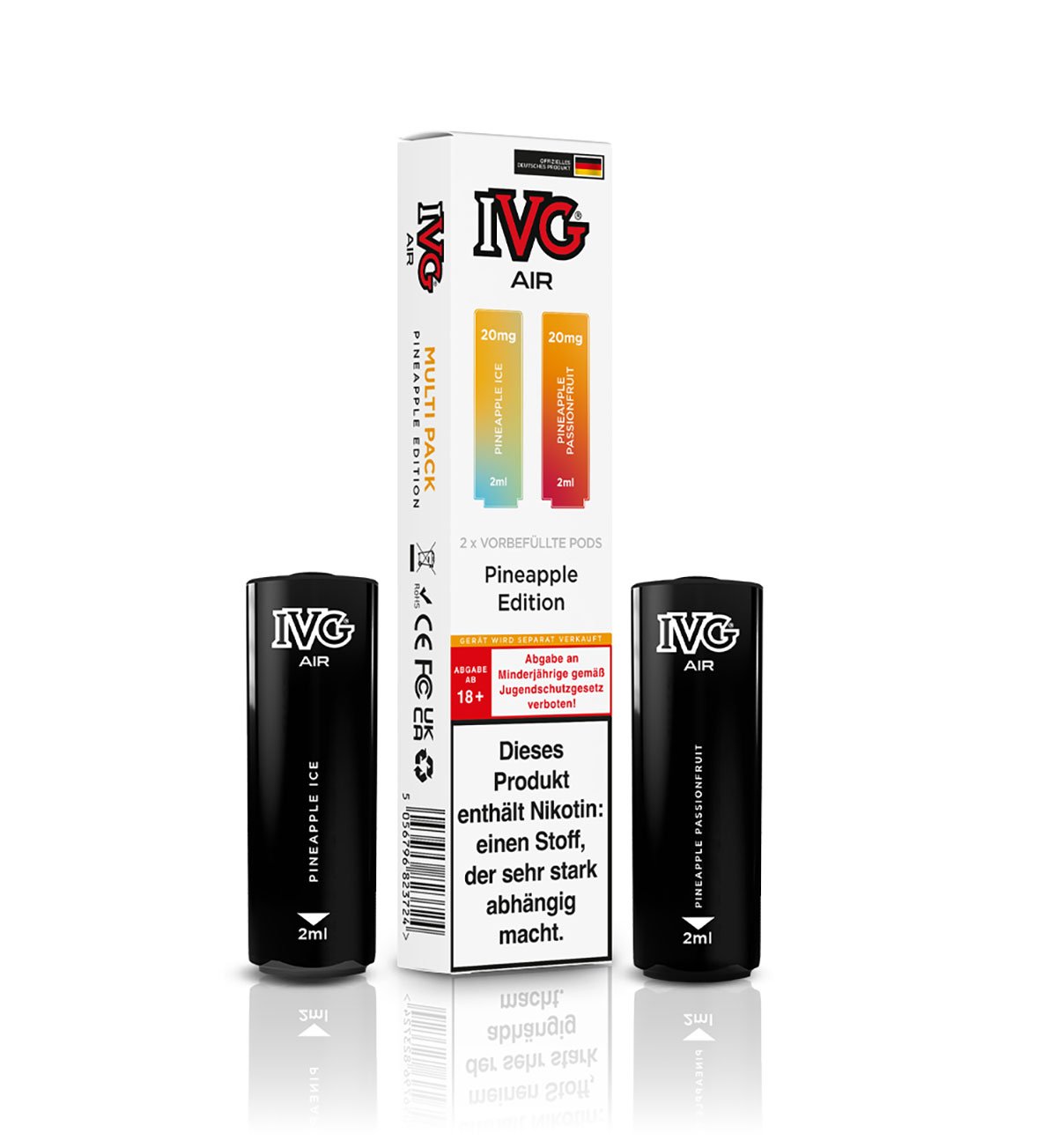IVG - AIR - Prefilled Pod - Multi Flavour Edition - 2ml - Pineapple Edition (Pineapple Ice & Pineapple Passionfruit) | Nikotinsalz-Stärke : 20mg | Paketgröße : 1er Packung IVG - AIR - Prefilled Pod - Multi Flavour Edition - 2ml - Pineapple Edition (Pineapple Ice & Pineapple Passionfruit) | Nikotinsalz-Stärke : 20mg | Paketgröße : 1er Packung