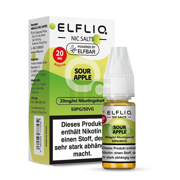 elfbar-elfliq-sour-apple-nikotinsalz-liquid-20mg-2 Elfbar - ElfLiq - 10ml - Sour Apple | Nikotinsalz-Stärke : 20mg