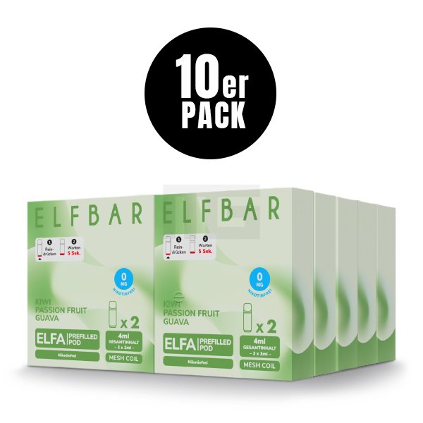 Elfbar - ELFA - Prefilled Pod - (VE= 10 Stück) Displaykarton - Kiwi Passion Fruit Guava | Nikotinsalz-Stärke : 0mg Elfbar - ELFA - Prefilled Pod - (VE= 10 Stück) Displaykarton - Kiwi Passion Fruit Guava | Nikotinsalz-Stärke : 0mg