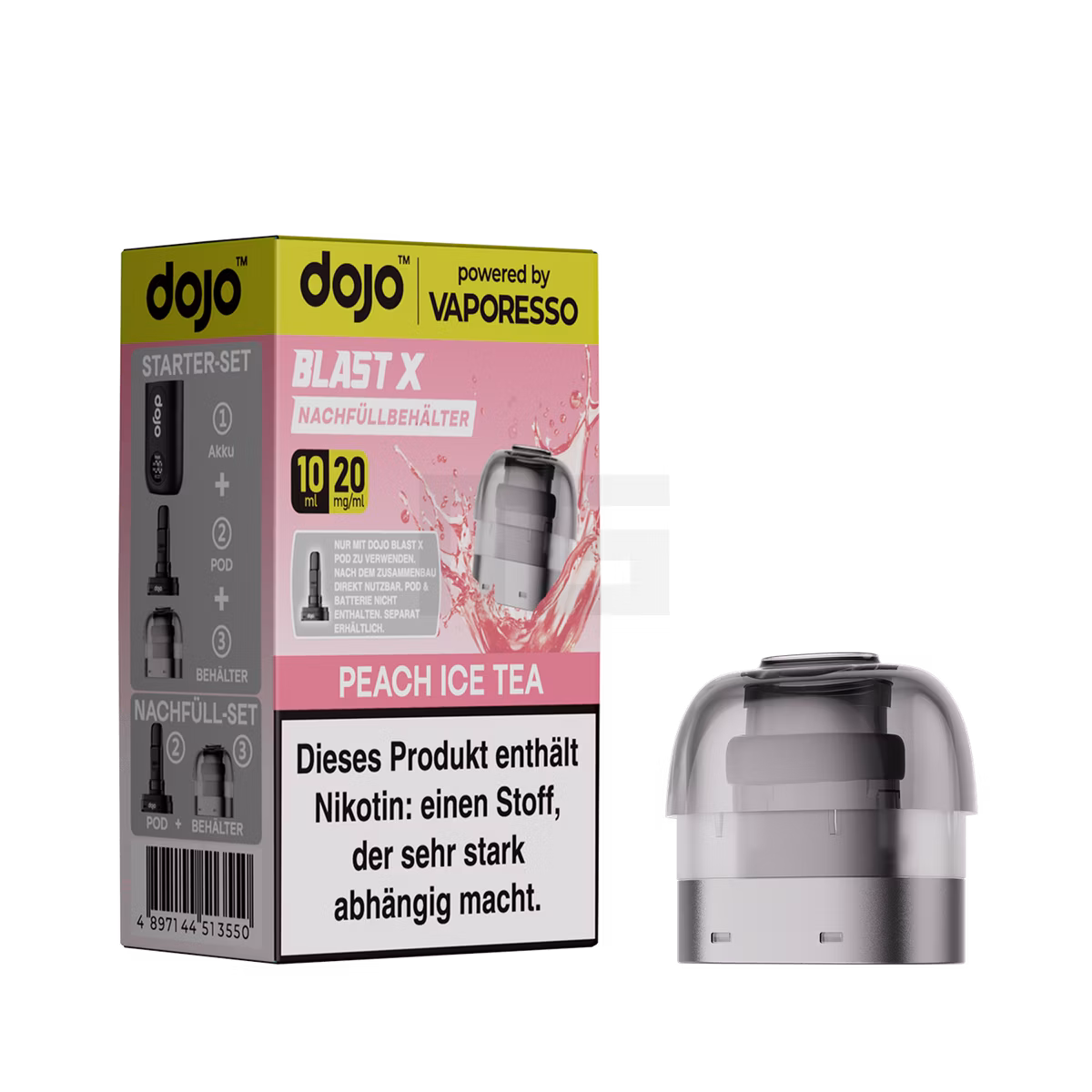 Vaporesso - Dojo Blast X - 10ml Pod Nachfüllbehälter - Peach Ice Tea - 20mg Starter-Set, Pod, Behälter, Peach Ice Tea, Nikotin-Folgen