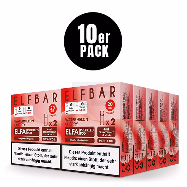 Elfbar - ELFA - Prefilled Pod - (VE= 10 Stück) Displaykarton - Watermelon Cherry | Nikotinsalz-Stärke : 20mg Elfbar - ELFA - Prefilled Pod - (VE= 10 Stück) Displaykarton - Watermelon Cherry | Nikotinsalz-Stärke : 20mg