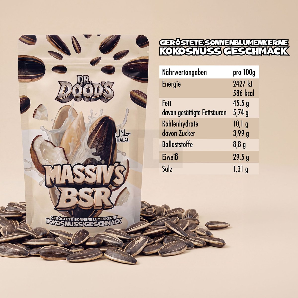 Dr. Doods Massiv`s BSR Sonnenblumenkerne Kokosnuss 100g Dr. Doods Massiv`s BSR Sonnenblumenkerne Kokosnuss 100g