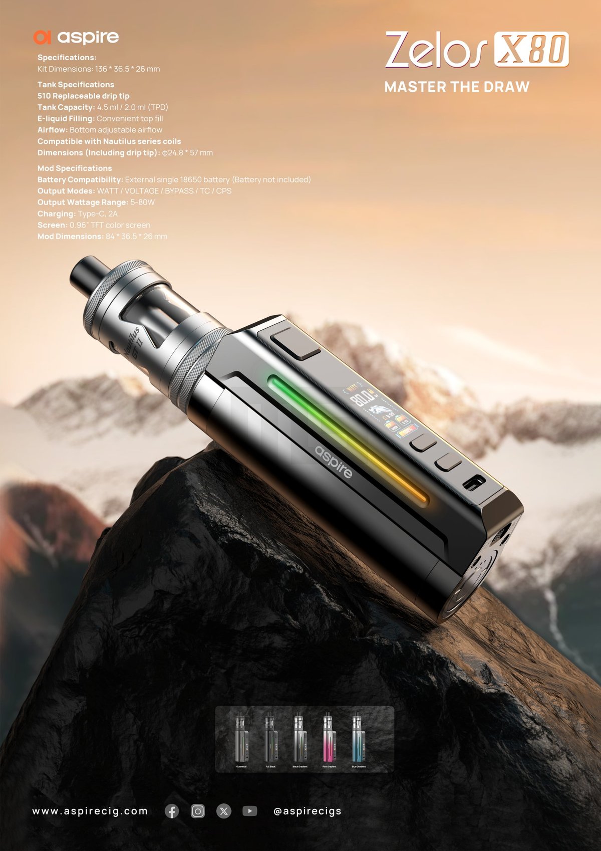 Aspire - Zelos X80 - Mod Akkuträger - Pink Gradient Aspire - Zelos X80 - Mod Akkuträger - Pink Gradient