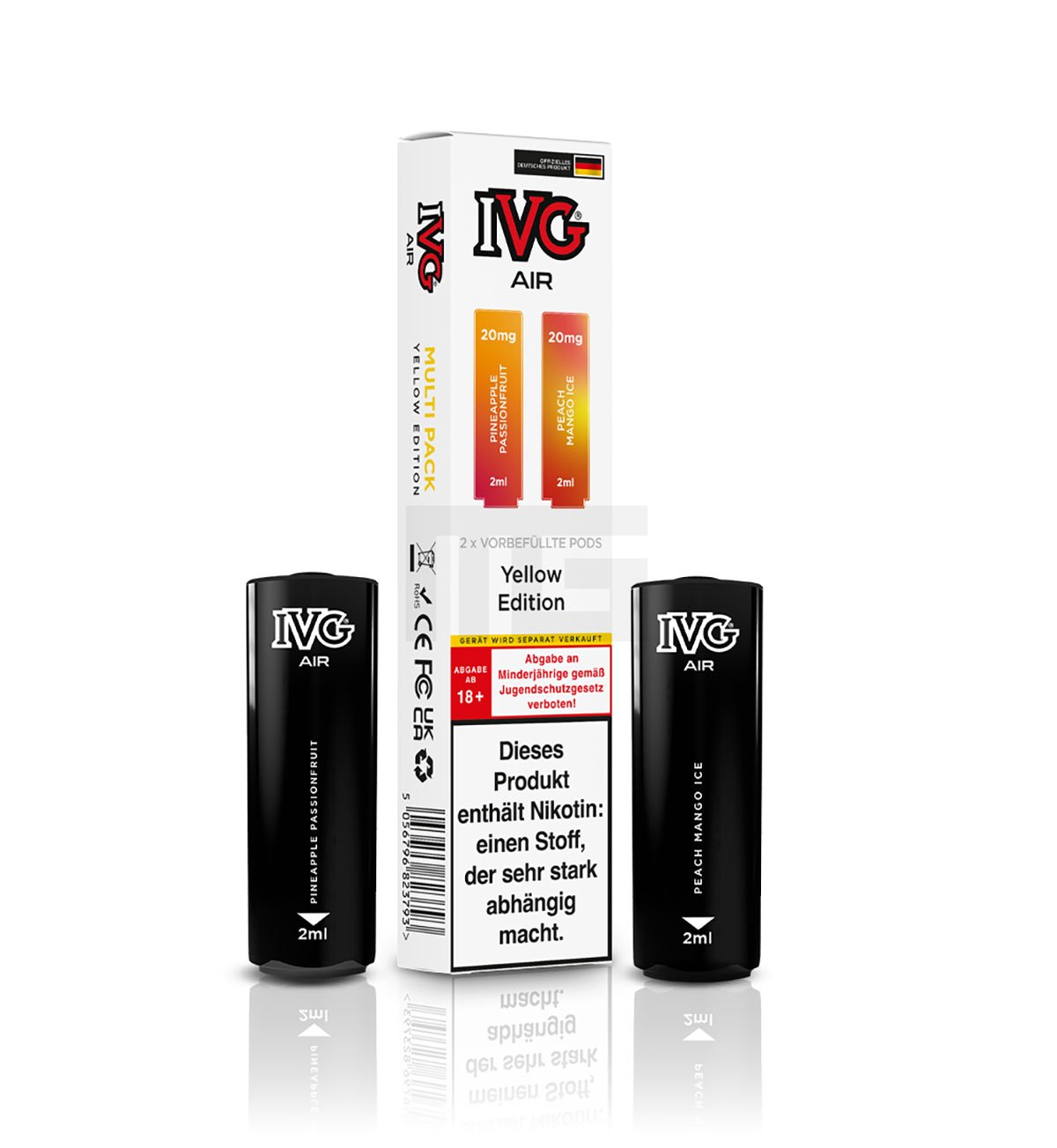 IVG - AIR - Prefilled Pod - Multi Flavour Edition - 2ml - Yellow Edition (Pineapple Passionfruit & Peach Mango Ice) | Nikotinsalz-Stärke : 20mg | Paketgröße : 1er Packung IVG - AIR - Prefilled Pod - Multi Flavour Edition - 2ml - Yellow Edition (Pineapple Passionfruit & Peach Mango Ice) | Nikotinsalz-Stärke : 20mg | Paketgröße : 1er Packung