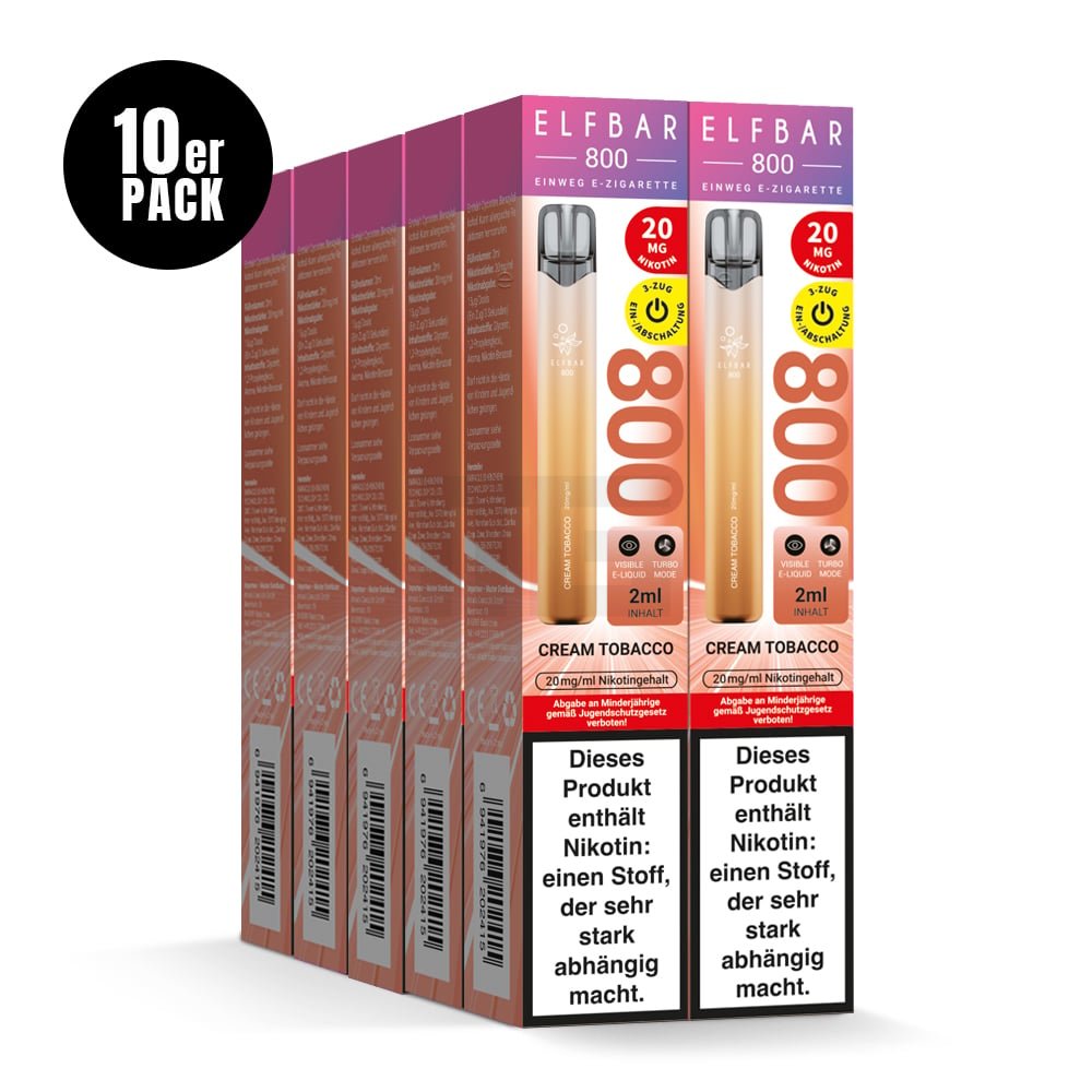 Elfbar - 800 - Einweg E-Zigarette - (VE= 10 Stück) Displaykarton - Cream Tobacco | Nikotinsalz-Stärke : 20mg Elfbar - 800 - Einweg E-Zigarette - (VE= 10 Stück) Displaykarton - Cream Tobacco | Nikotinsalz-Stärke : 20mg