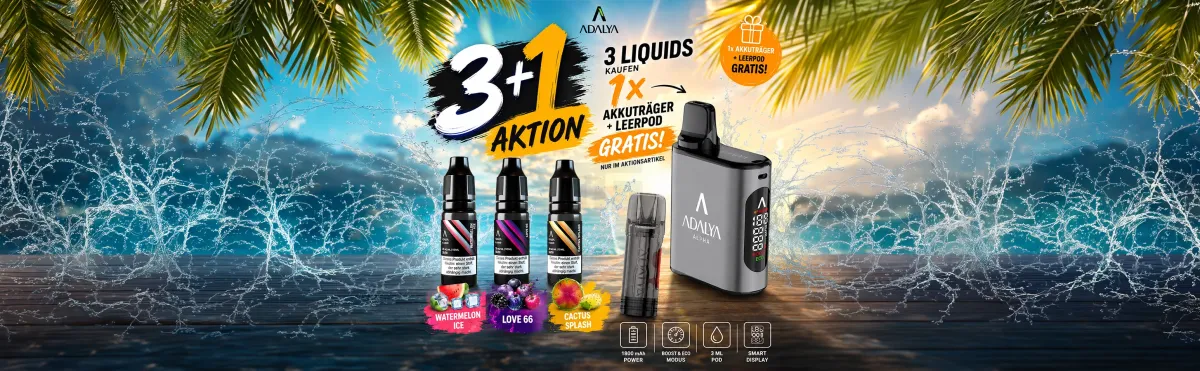 Adalya 3+1 Aktion: Liquids wählen & Gratis-Akkuträger + Leerpod sichern