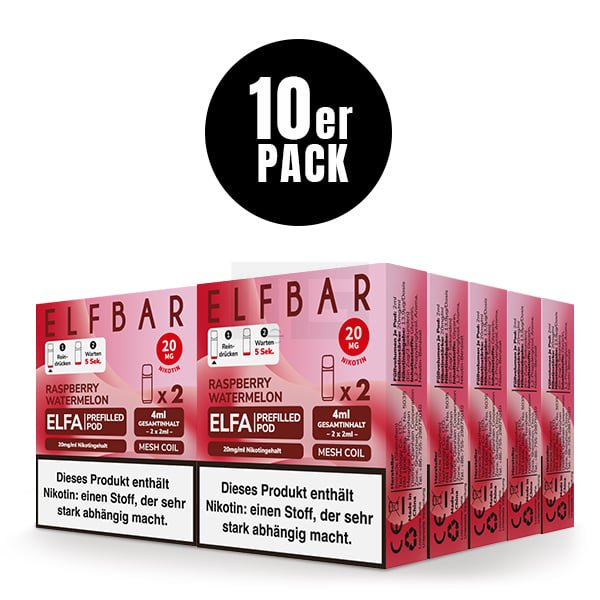 Elfbar - ELFA - Prefilled Pod - (VE= 10 Stück) Displaykarton - Raspberry Watermelon | Nikotinsalz-Stärke : 20mg Elfbar - ELFA - Prefilled Pod - (VE= 10 Stück) Displaykarton - Raspberry Watermelon | Nikotinsalz-Stärke : 20mg