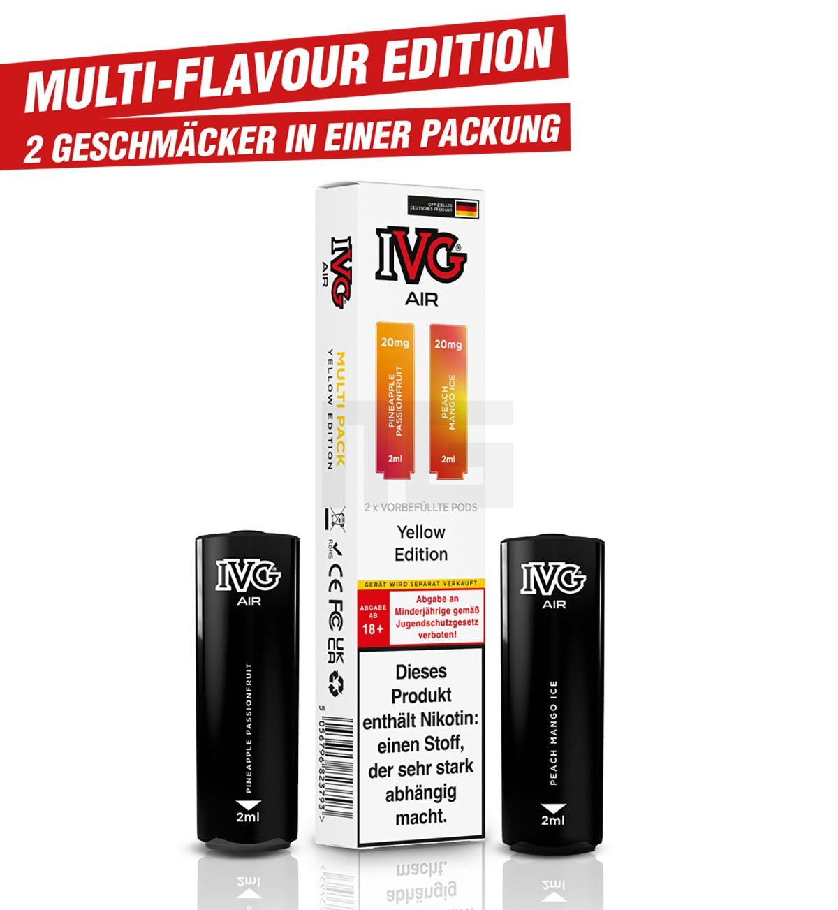 IVG - AIR - Prefilled Pod - Multi Flavour Edition - 2ml - Yellow Edition (Pineapple Passionfruit & Peach Mango Ice) | Nikotinsalz-Stärke : 20mg | Paketgröße : 1er Packung