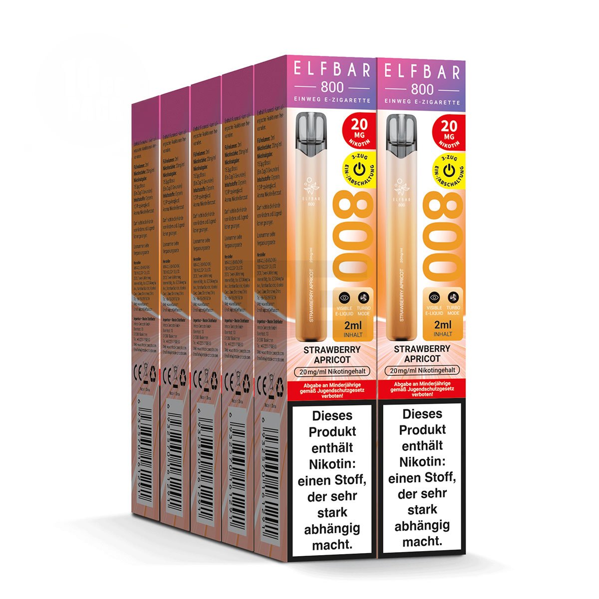 Elfbar - 800 - Einweg E-Zigarette - (VE= 10 Stück) Displaykarton - Strawberry Apricot | Nikotinsalz-Stärke : 20mg