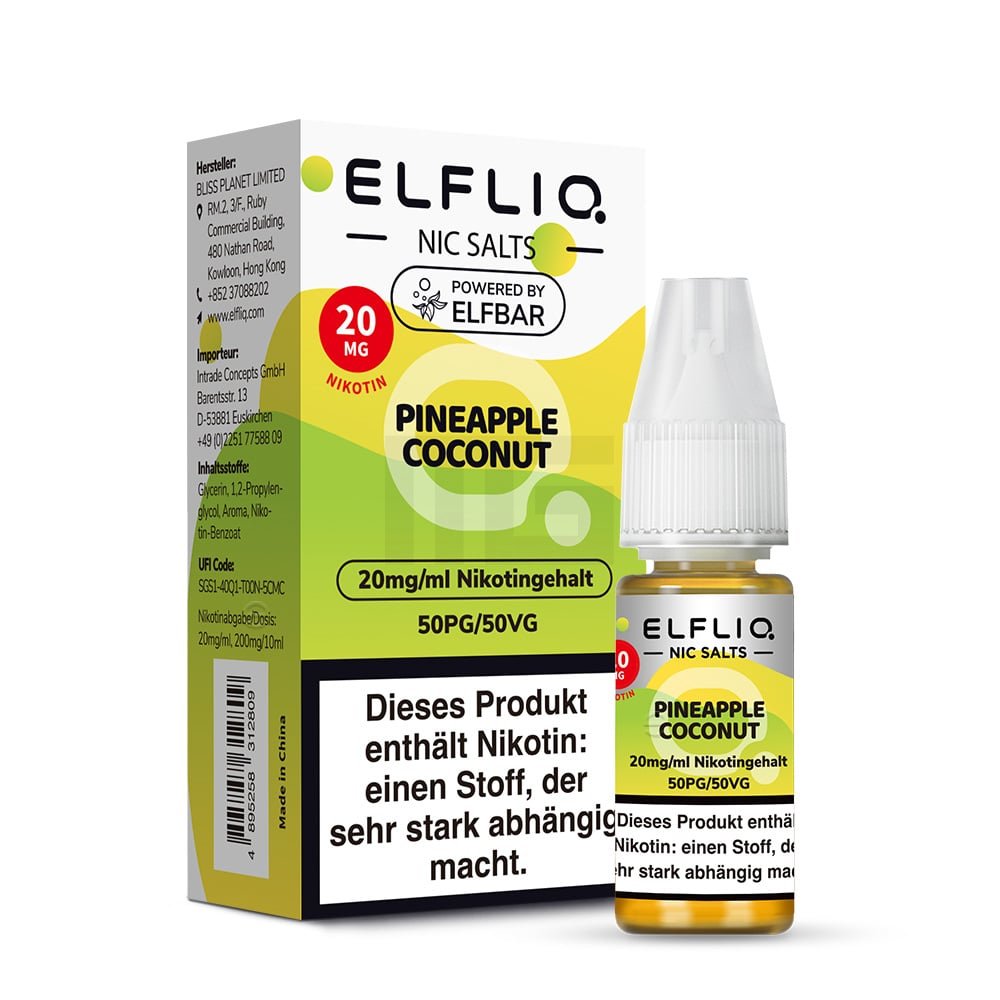 Elfbar - ElfLiq - 10ml - Pineapple Coconut | Nikotinsalz-Stärke : 20mg Elfbar - ElfLiq - 10ml - Pineapple Coconut | Nikotinsalz-Stärke : 20mg