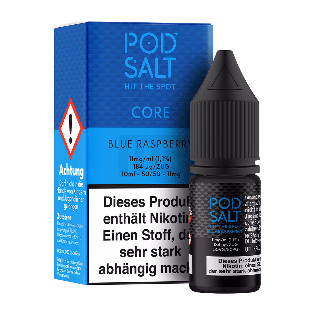 Blue-Raz_BoxBottle_11mg Pod Salt - Core - Blue Raspberry - Nikotinsalz-Liquid - 10ml - 11mg
