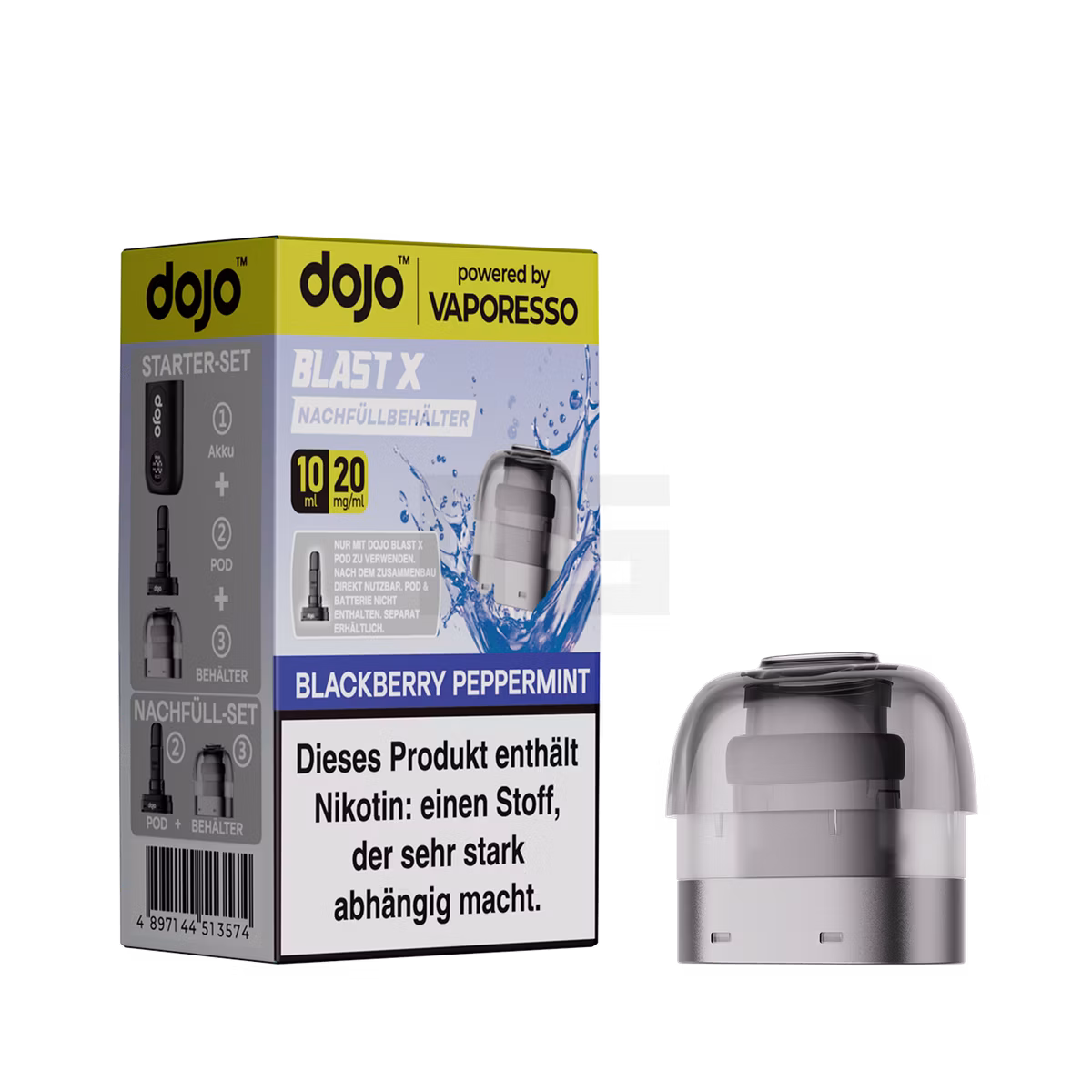 Vaporesso - Dojo Blast X - 10ml Pod Nachfüllbehälter - Blackberry Peppermint - 20mg Starter-Set, Pod, Behalter, Nutzfüllbehälter, Nikotinsalz?