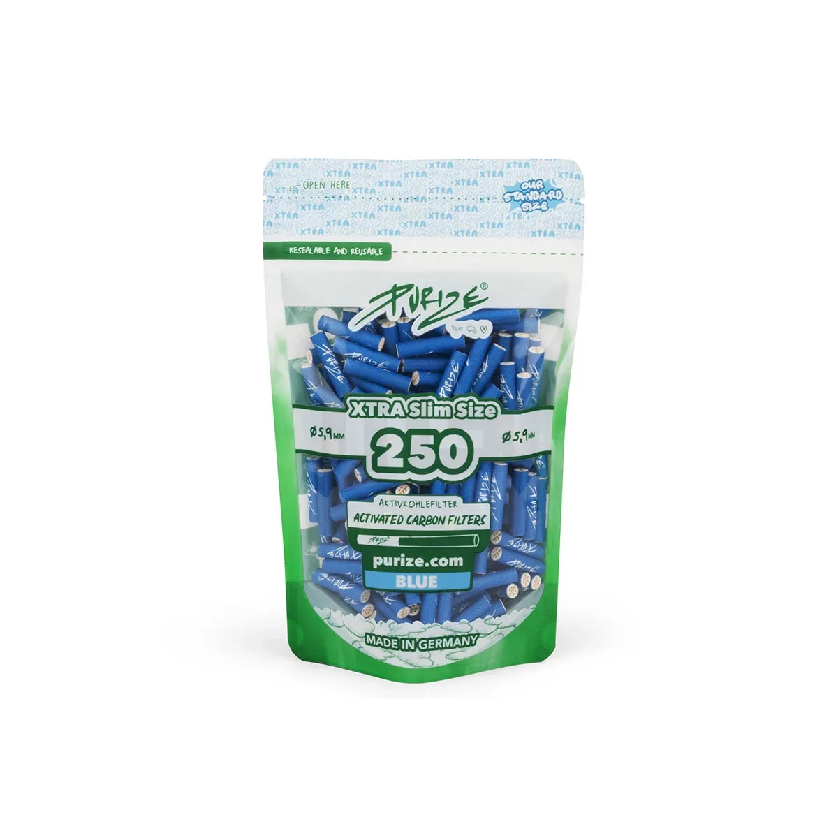 PURIZE - Aktivkohlefilter - XTRA Slime Size - Blau - ø 6mm - 250 Stück
