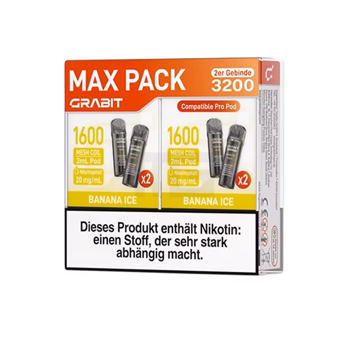 GRABIT - Pro - Prefilled Pod - Banana Ice - Max Pack - 4er Packung - 2ml GRABIT - Pro - Prefilled Pod - Banana Ice - Max Pack - 4er Packung - 2ml