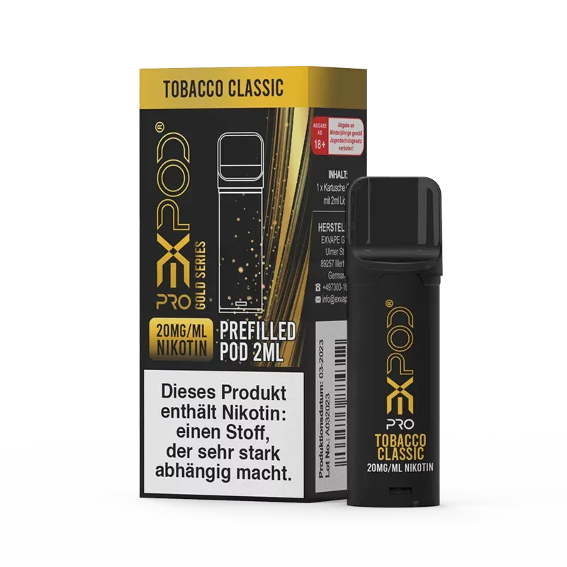 Expod - Pro - Gold Series - Prefilled Pod - Tobacco Classic | Nikotinsalz-Stärke : 20mg | Paketgröße : 1er Packung Expod - Pro - Gold Series - Prefilled Pod - Tobacco Classic | Nikotinsalz-Stärke : 20mg | Paketgröße : 1er Packung