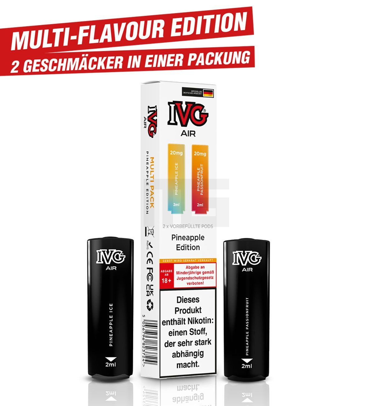 IVG - AIR - Prefilled Pod - Multi Flavour Edition - 2ml - Pineapple Edition (Pineapple Ice & Pineapple Passionfruit) | Nikotinsalz-Stärke : 20mg | Paketgröße : 1er Packung